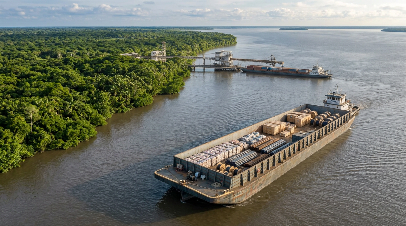 Imagem ilustrativa de balsa amazônica com cargas visíveis no convés aberto, sem vínculo com a frota ou instalações da INTEGRA